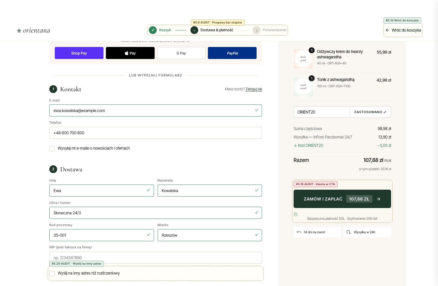 Orientana checkout — redesign
