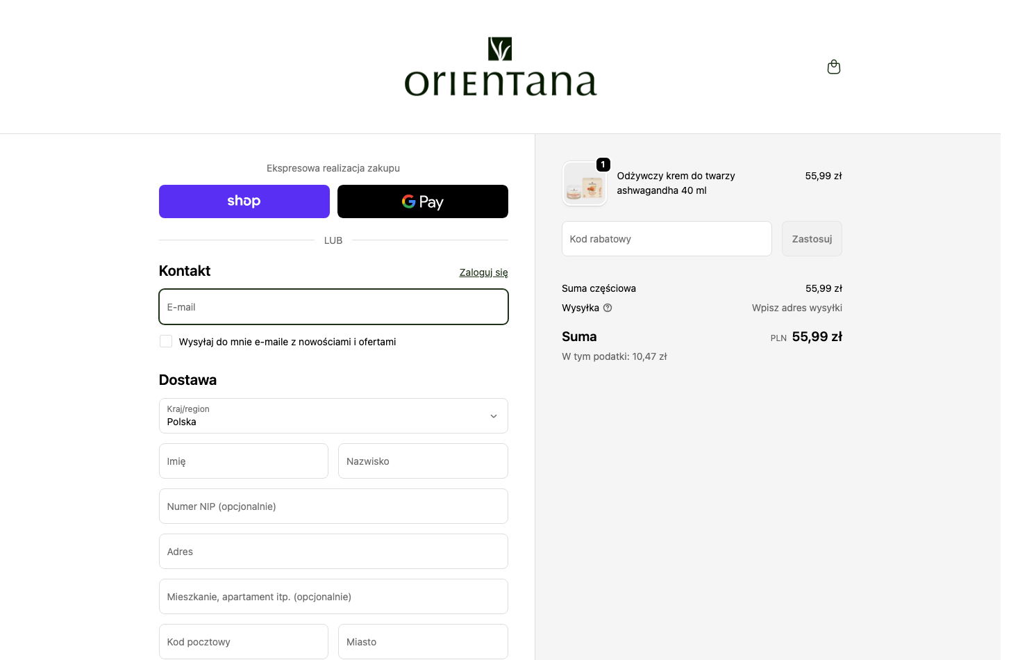 Orientana checkout — stan obecny